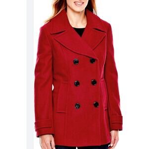 St. Johns Bay Pea Coat Size PM Red Wool Double Breasted Luxury Preppy $299